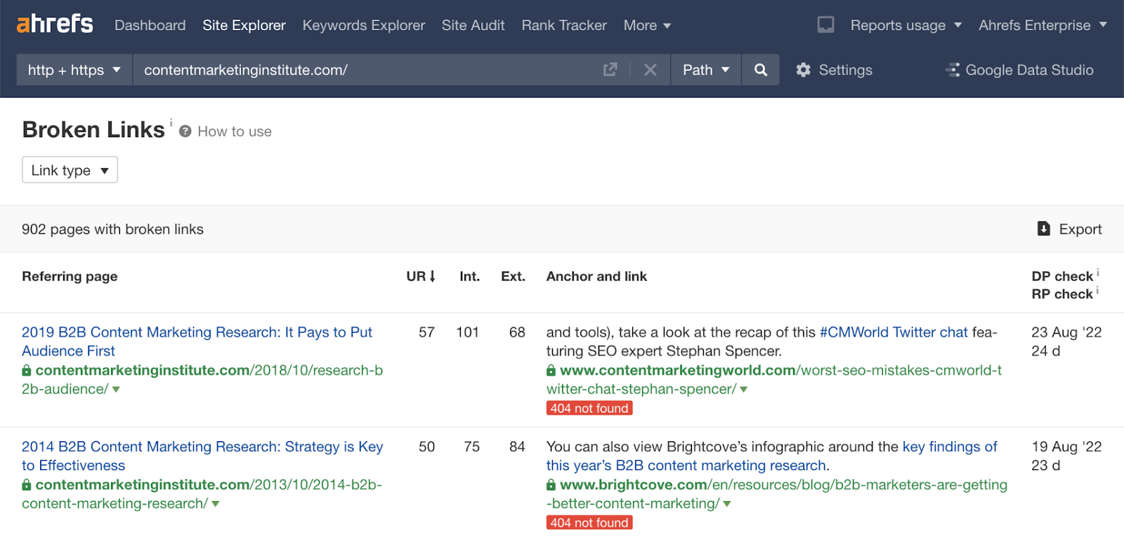Checking for broken links on Ahrefs