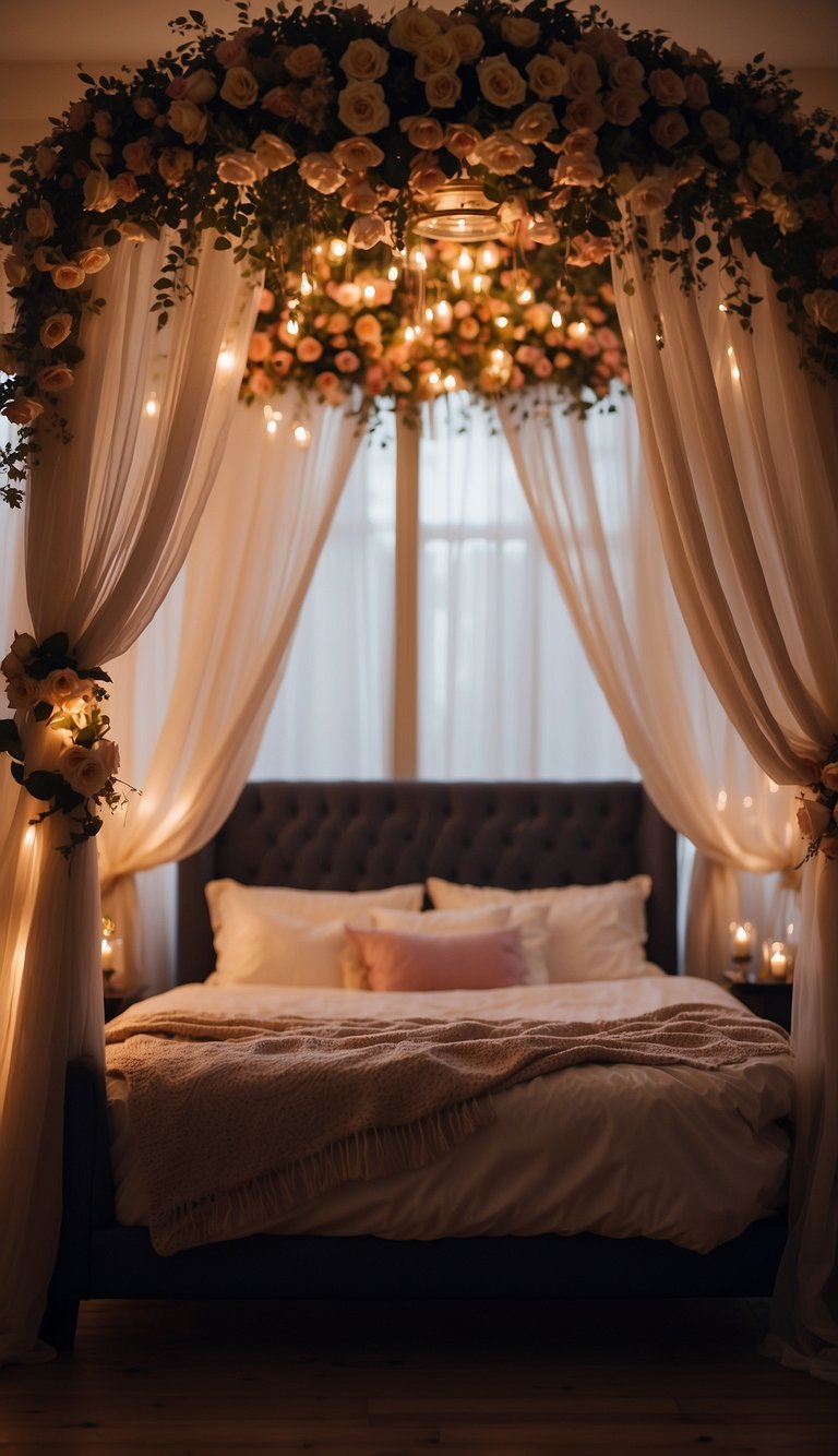 A luxurious canopy bed with soft, flowing drapes, adorned with rose petals and dimly lit by candles, creates a romantic atmosphere for couples