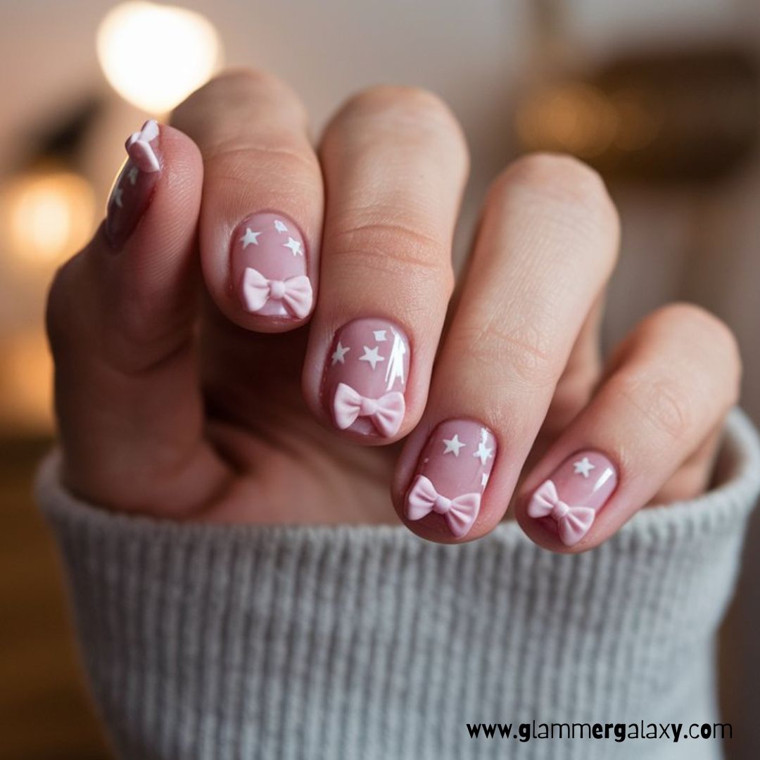 Cute Winter Nails having Bows and Stars
