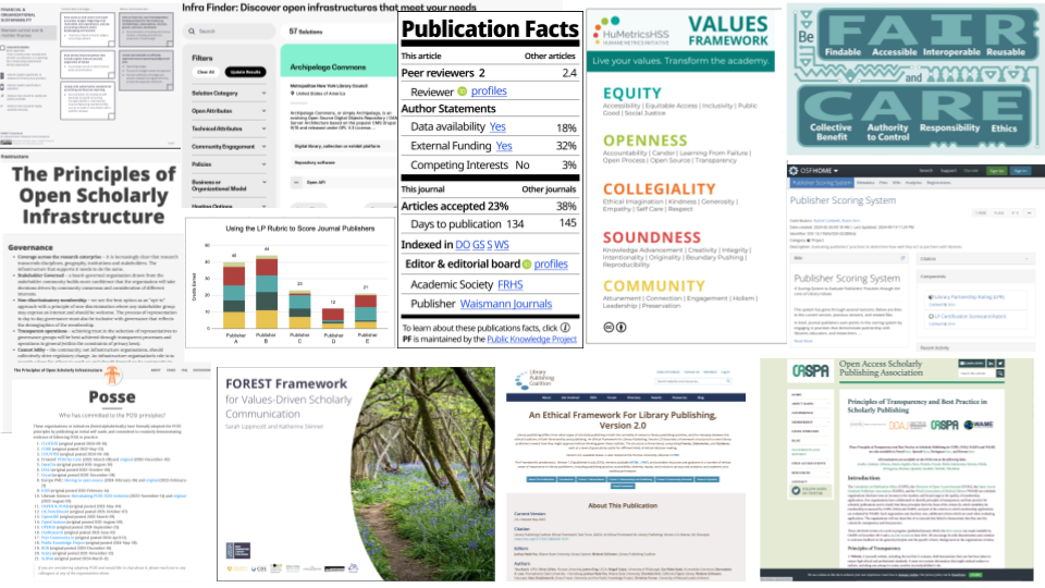 A collage of screenshots of open infrastructure-related values, principles, and assessment frameworks.