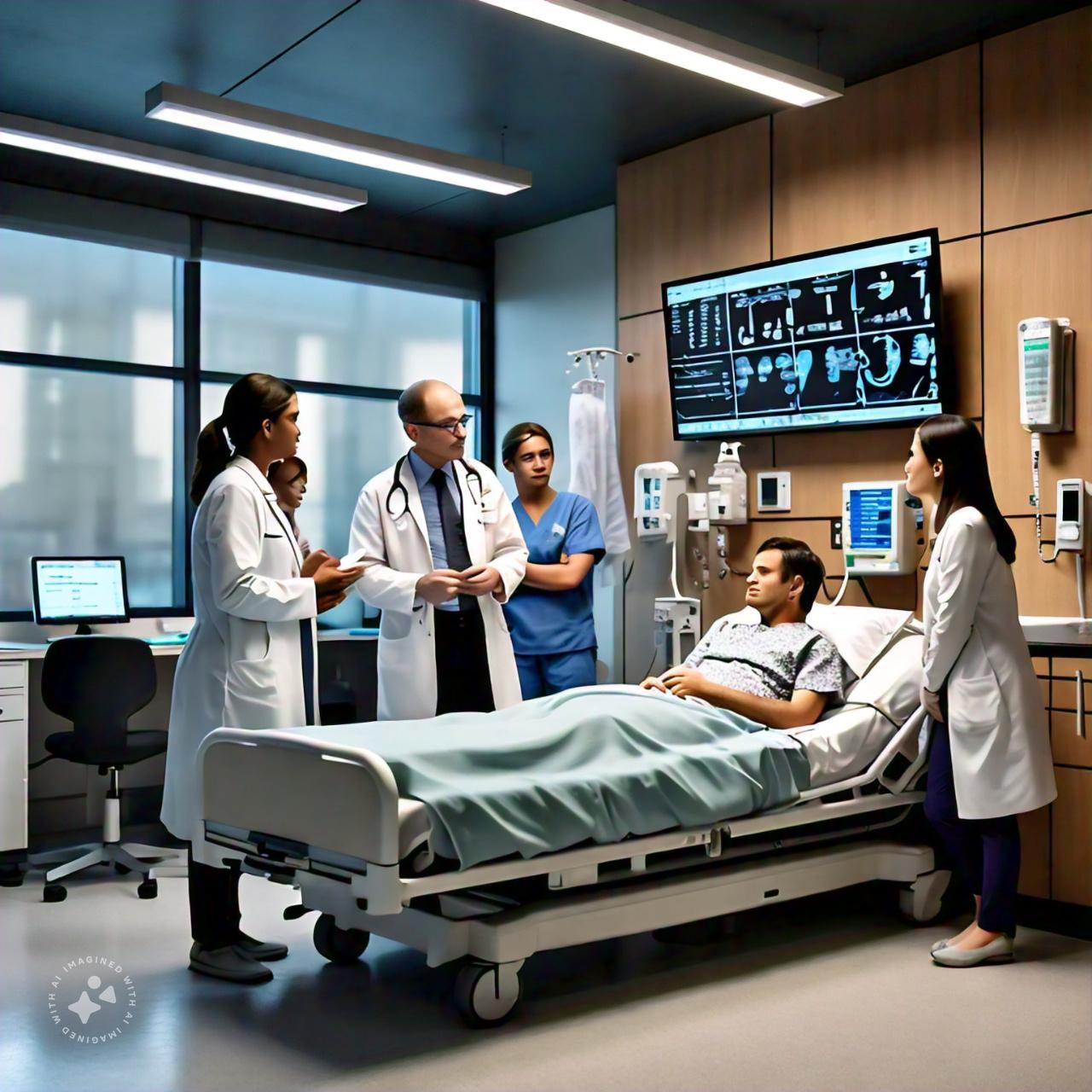 A group of doctors around a patient in a hospital room<br />
<br />
Description automatically generated