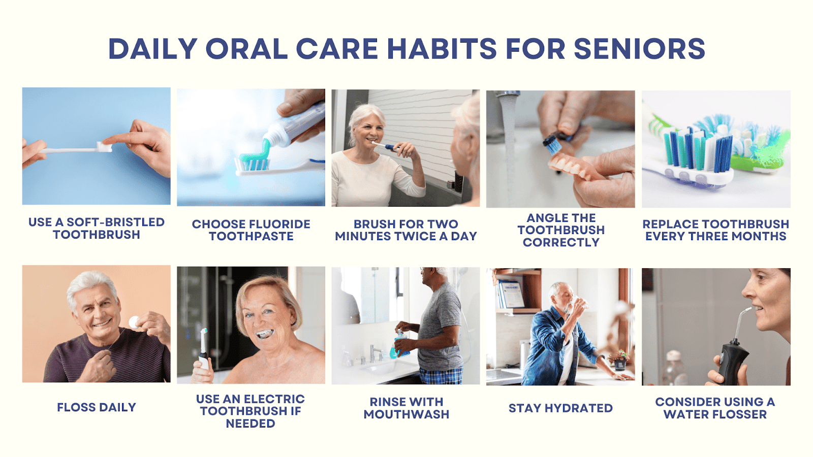 This is an infographic detailing daily oral care habits for seniors