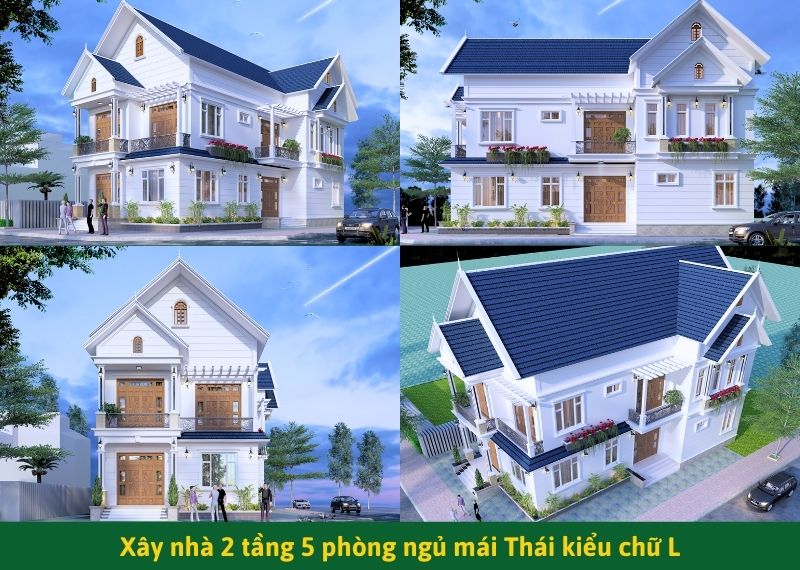 Xây nhà 2 tầng 5 phòng ngủ mái Thái kiểu chữ L Xây dựng Nhất Tín