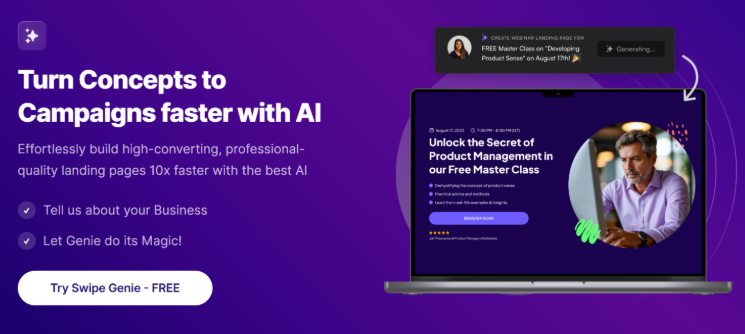 Image showing the AI-powered Swipe Genie feature for fast landing page creation