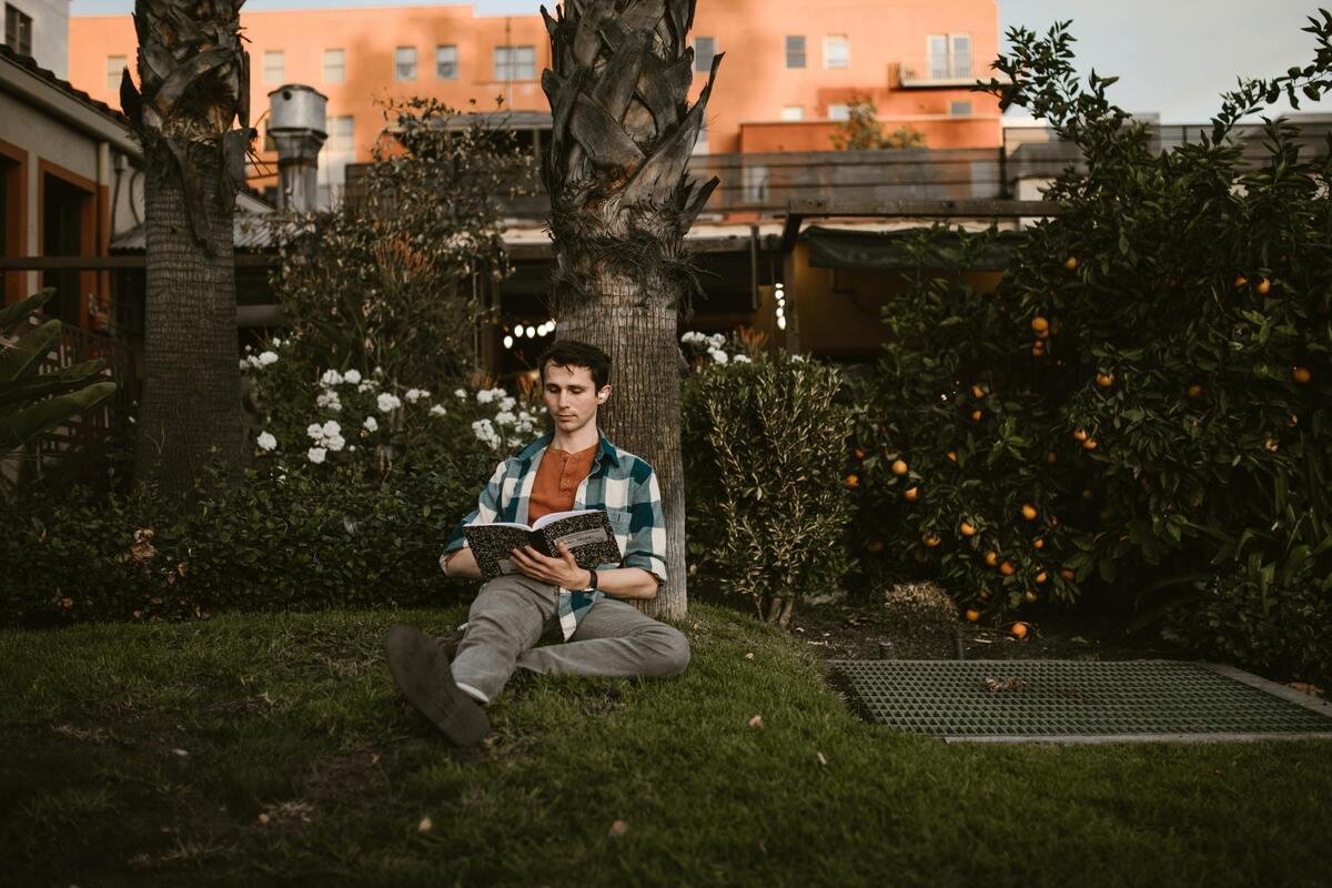 A person reading under a tree.