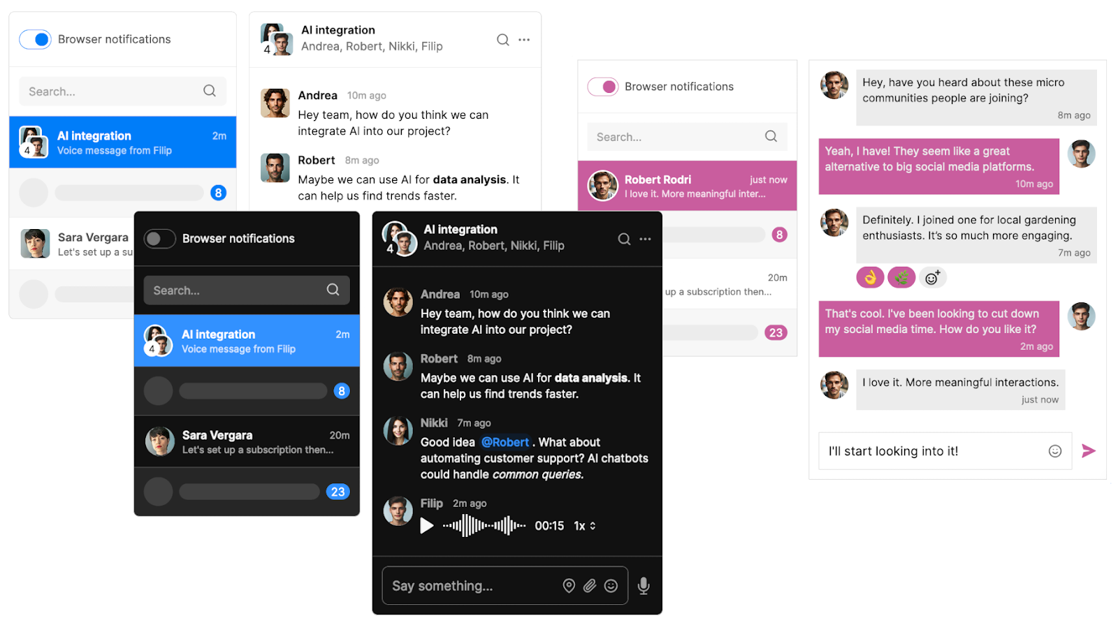 Three windows with the TalkJS Inbox pre-built chat UI, with several conversations in each inbox. The first window is styled with a light theme, the second with a dark theme, and the third with a white-and-pink ‘dawn’ theme.