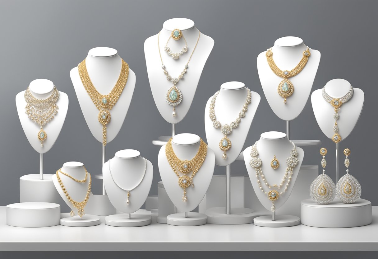 A display of elegant wedding necklaces on a sleek, white jewelry stand. Various styles and designs, showcasing current trends