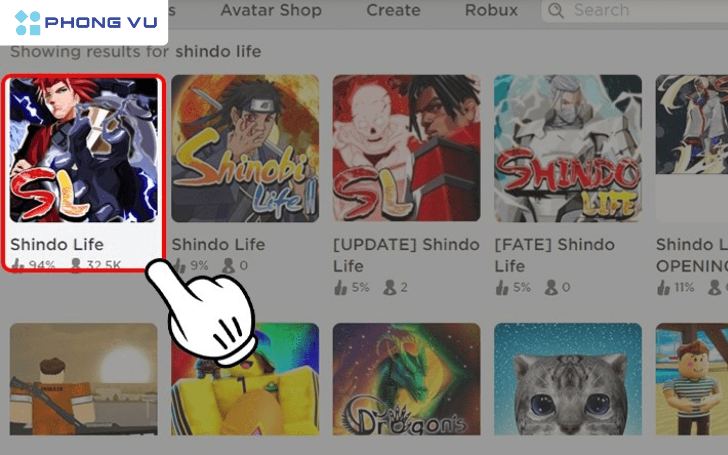 Nhấn chọn Shindo Life trong Roblox 
