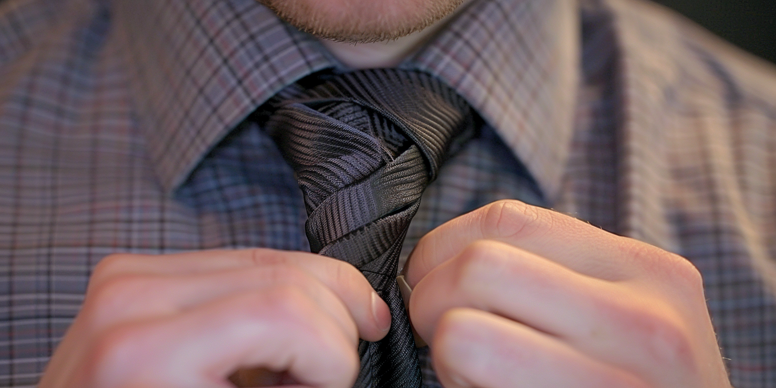 Close-up of a man tying a neat and symmetrical Pratt (Shelby) necktie knot on a smooth charcoal gray silk tie. The knot is medium-sized, balanced, and works perfectly with a classic button-down shirt collar. The lighting is soft, emphasizing the clean lines and structured style suited for everyday business or semi-formal wear. The image conveys confidence and polished simplicity.