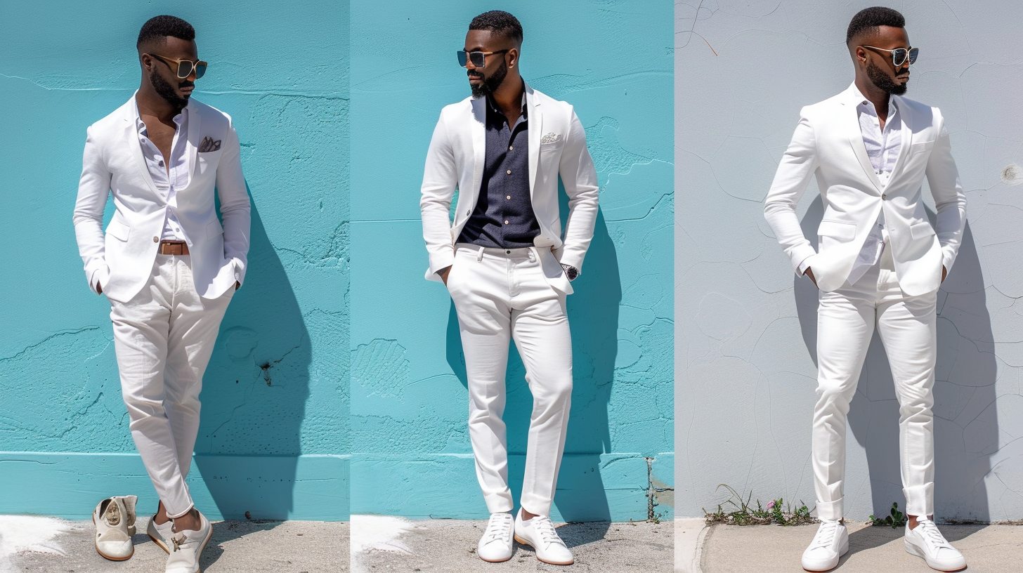 A stylish man modeling different outfits with white pants: white chinos with a navy polo for a crisp weekend look, white dress pants with a blazer for a semi-formal event, white linen pants for summer, and white jeans for casual streetwear. The scenes show various settings--brunch, beach, city, and wedding. Outfits are clean, modern, and balanced to avoid looking overdressed. Each look includes well-matched shirts, shoes, and layers.