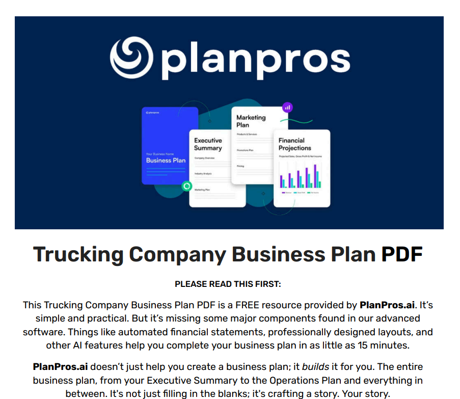 Modèle de forfait Business pour entreprise de transport routier par PlanPros
