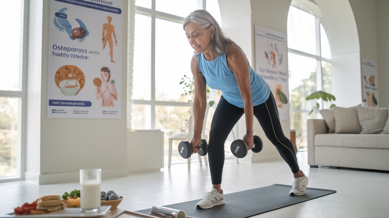 Create a realistic image of a middle-aged Indian woman performing weight-bearing exercises in a bright, modern living room with large windows. She's using dumbbells while standing on a yoga mat. A glass of milk and calcium-rich foods are visible on a nearby table. Informational posters about osteoporosis prevention and healthy lifestyle habits are displayed on the wall.