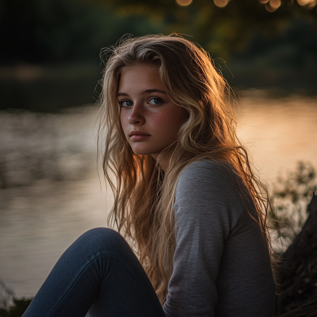 A teenage girl sitting on a riverbank | Source: Midjourney