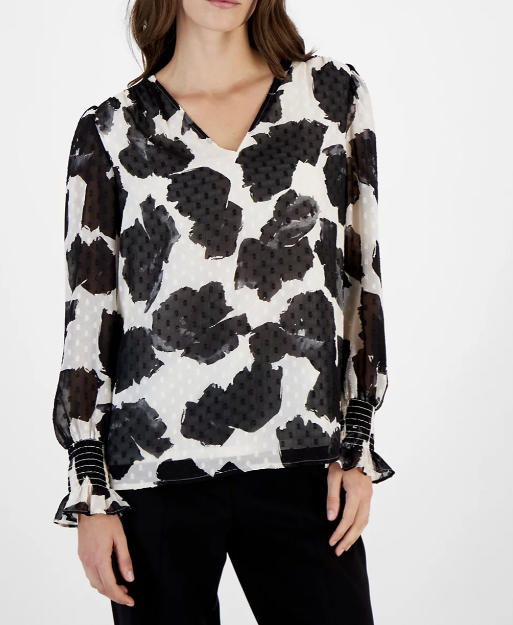 Anne Klein Printed V-Neck Long-Sleeve Blouse at Macy’s