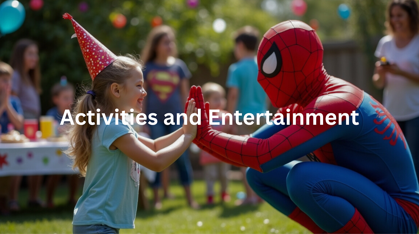 A Spiderman character interacting with a young girl at a Spiderman-themed birthday party, with other children and decorations visible in the background.