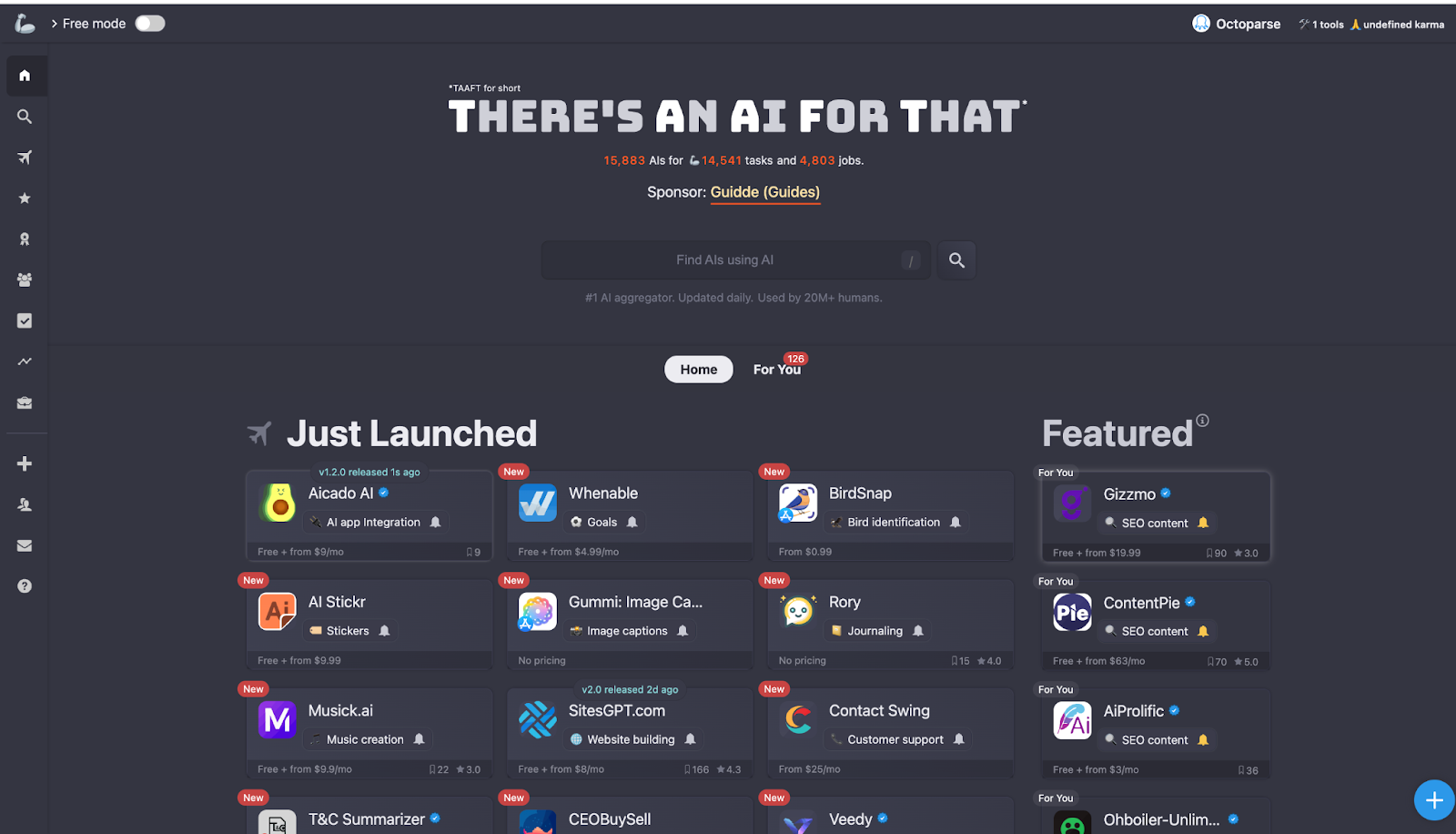 Screenshot of a website titled "There's An AI For That" showcasing newly launched and featured AI tools. The "Just Launched" section includes tools like Aicado AI, Whenable, BirdSnap, and others. The "Featured" section lists tools like Gizzmo, ContentPie, AiProlific, and more. Navigation menu on the left and search bar at the top center.