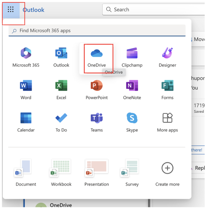 App launcher option from Outlook's web app