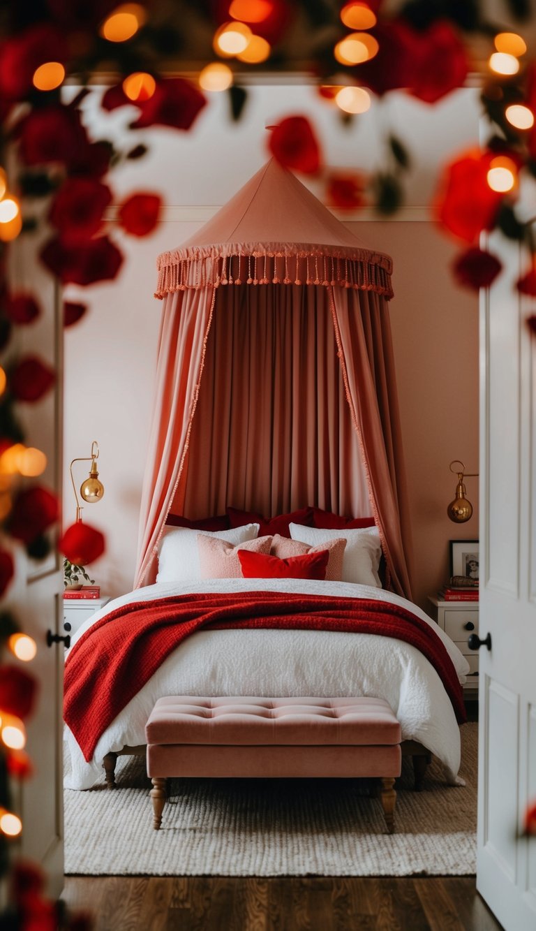 A cozy bedroom with a red blush bed canopy, warm lighting, and 25 red-themed decor ideas