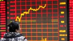 2016年1月29日,中国安徽省一名投资者正在查看证券公司的电子显示屏上的股票信息。