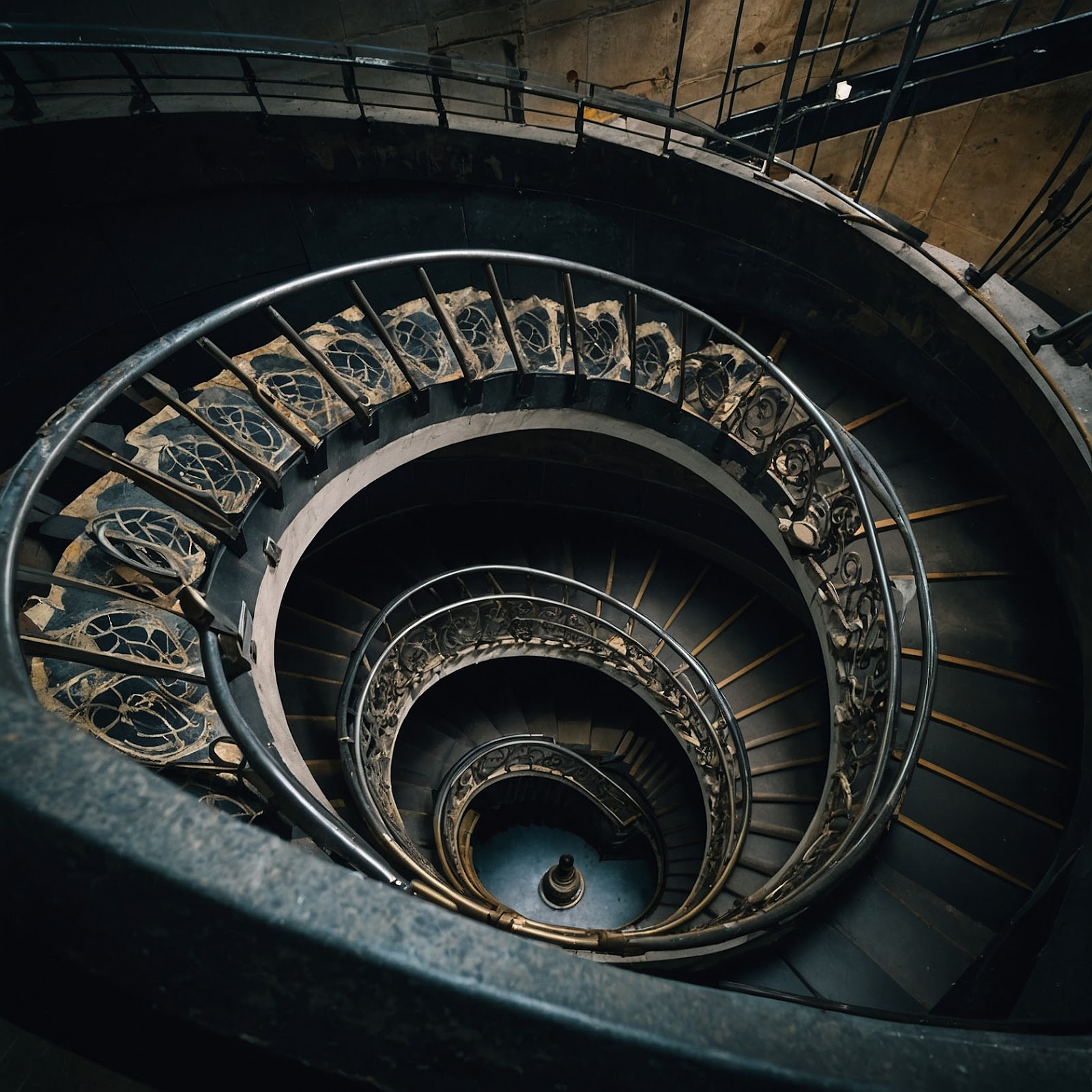 A spiral staircase leading downward, with signs saying “Intrusive Thoughts,” “Obsession,” and “Rock Bottom” – Visualizing the slow mental decline.