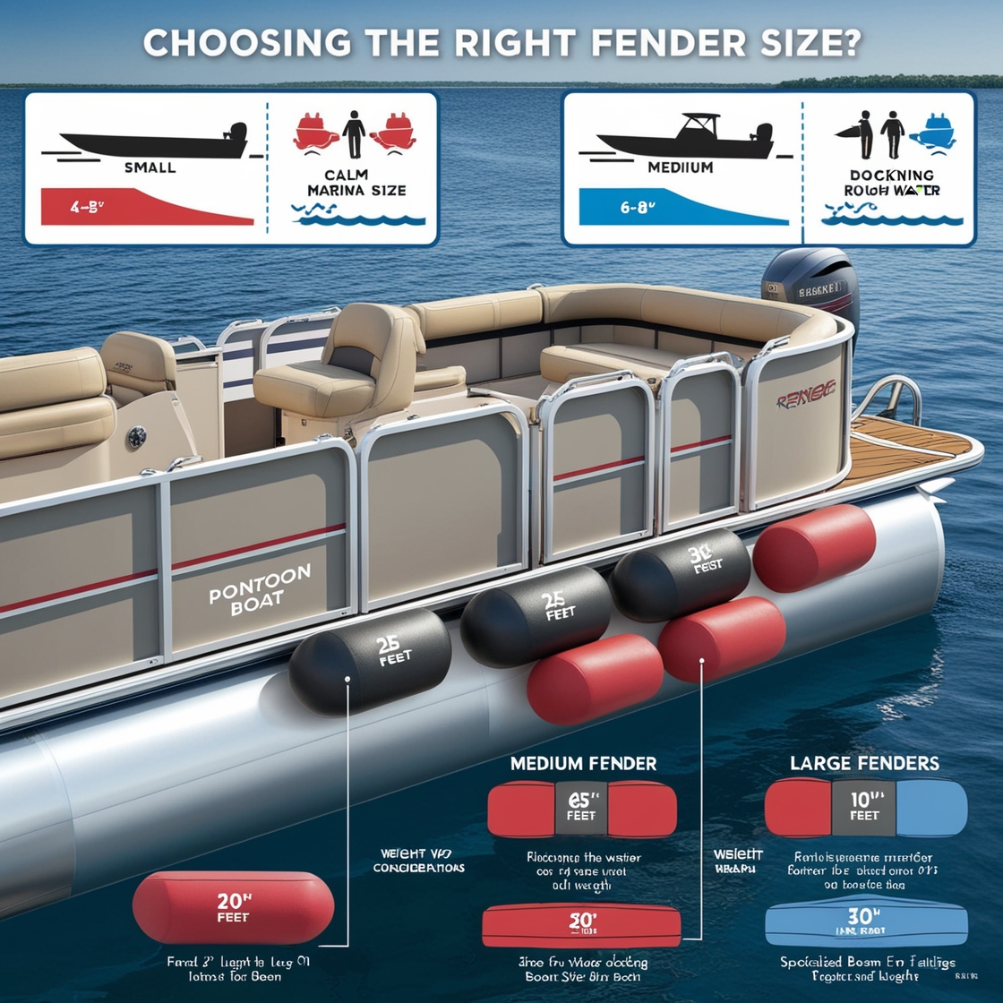 Diagram showing fender sizes for pontoon boats based on boat length and docking environment.