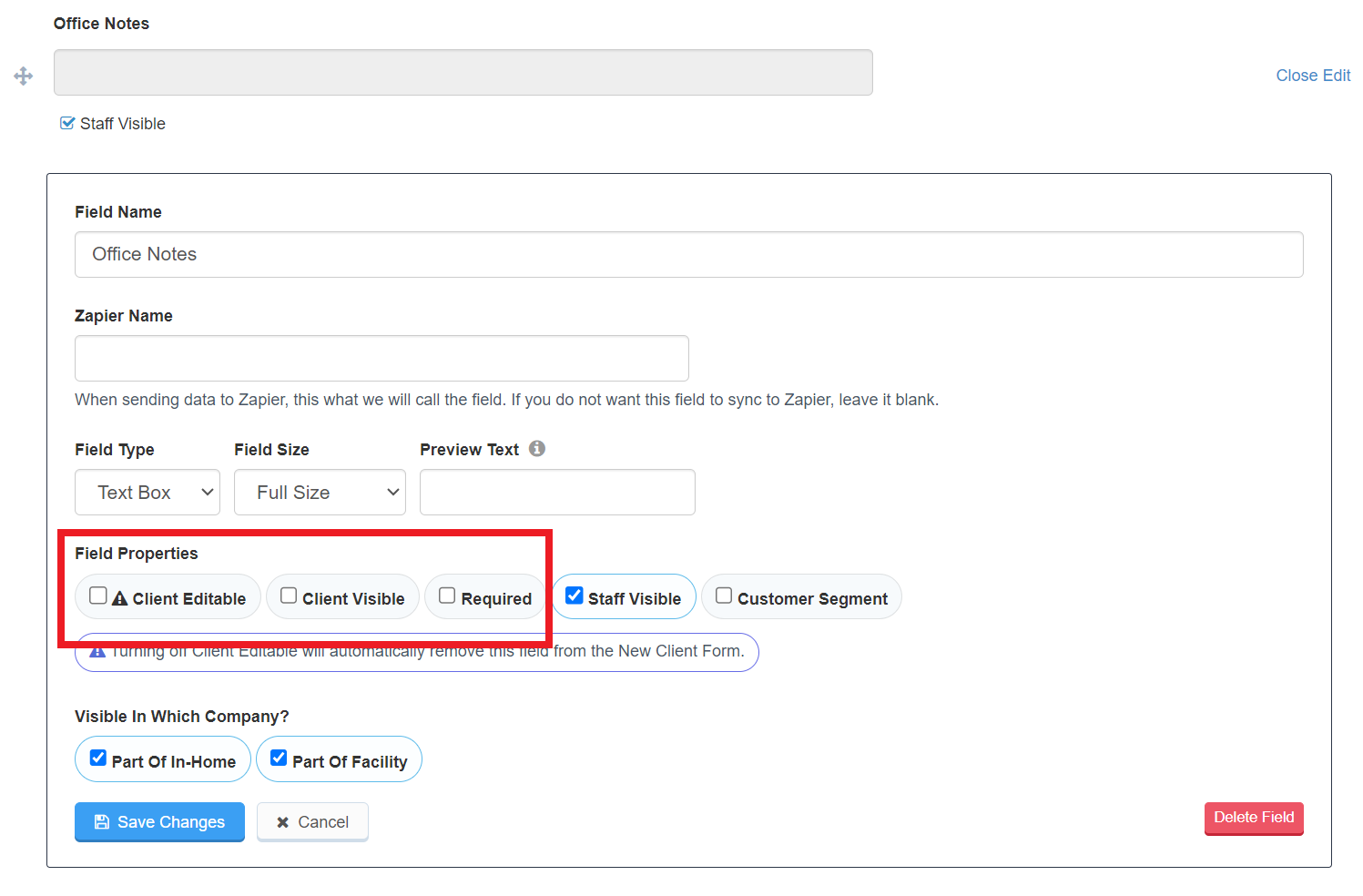 screenshot of custom client field with box around field properties