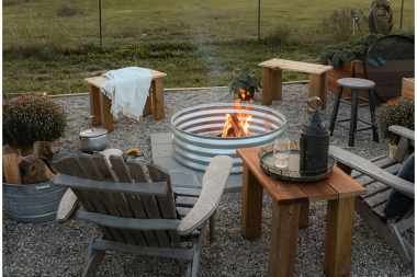 fire pit area designs for your northern michigan backyard farmhouse stainless steel campfire with outdoor furniture custom built boyne city