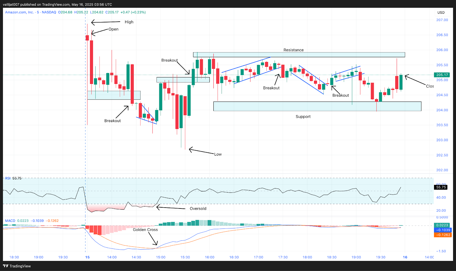 Chart 3: AMZN/USDT M5 Chart, Analysed by vallijat007, published on TradingView, May 16, 2025