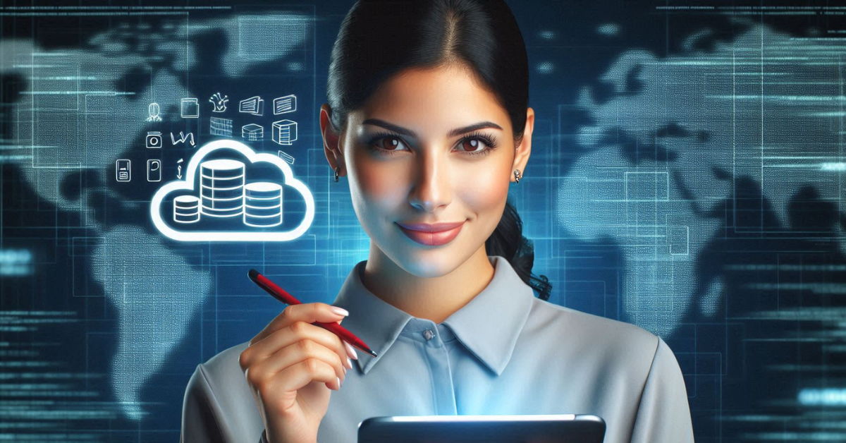 A confident female data engineer holding a stylus pen, working on a tablet. She is surrounded by digital icons representing cloud computing and data management against a global digital map background.