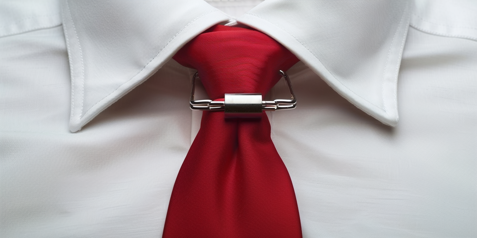 A close-up of a clip-on tie attached neatly to a crisp shirt collar. The tie is pre-tied, smooth, and symmetrical, showing ease and convenience. Perfect for uniforms or quick dressing. The background is simple and clean to emphasize practicality and neatness.