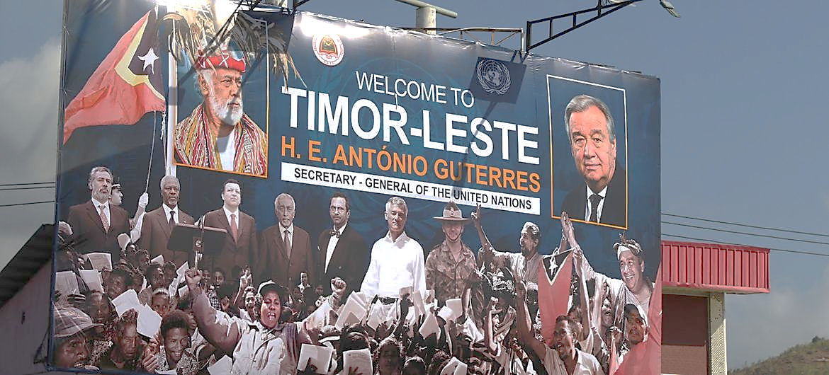 A billboard welcomes UN Secretary-General António Guterres to Timor-Leste.