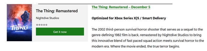 The Thing: Remastered memiliki tanggal rilis 5 Desember yang tercantum pada posting Xbox Wire