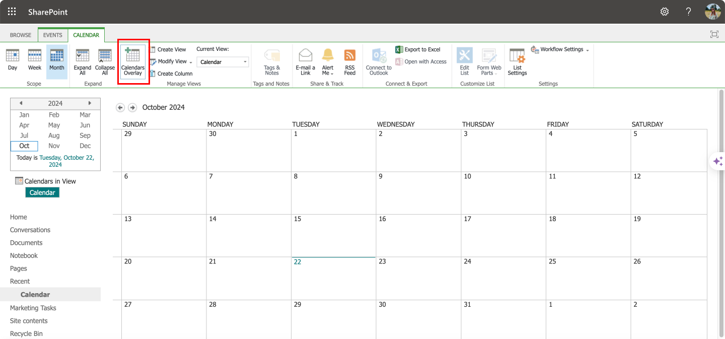 Navigating to the overlay function in SharePoint calendar. 