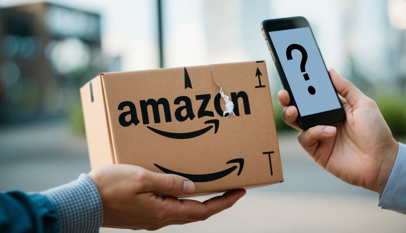 A person's hand holding an Amazon package with a broken arrow symbol, and another hand holding a smartphone with a question mark symbol