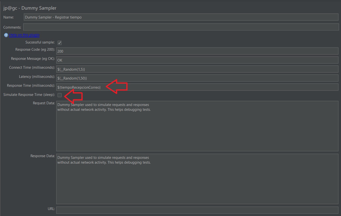 Captura de pantalla: Vista de configuración del Dummy Sampler en JMeter.