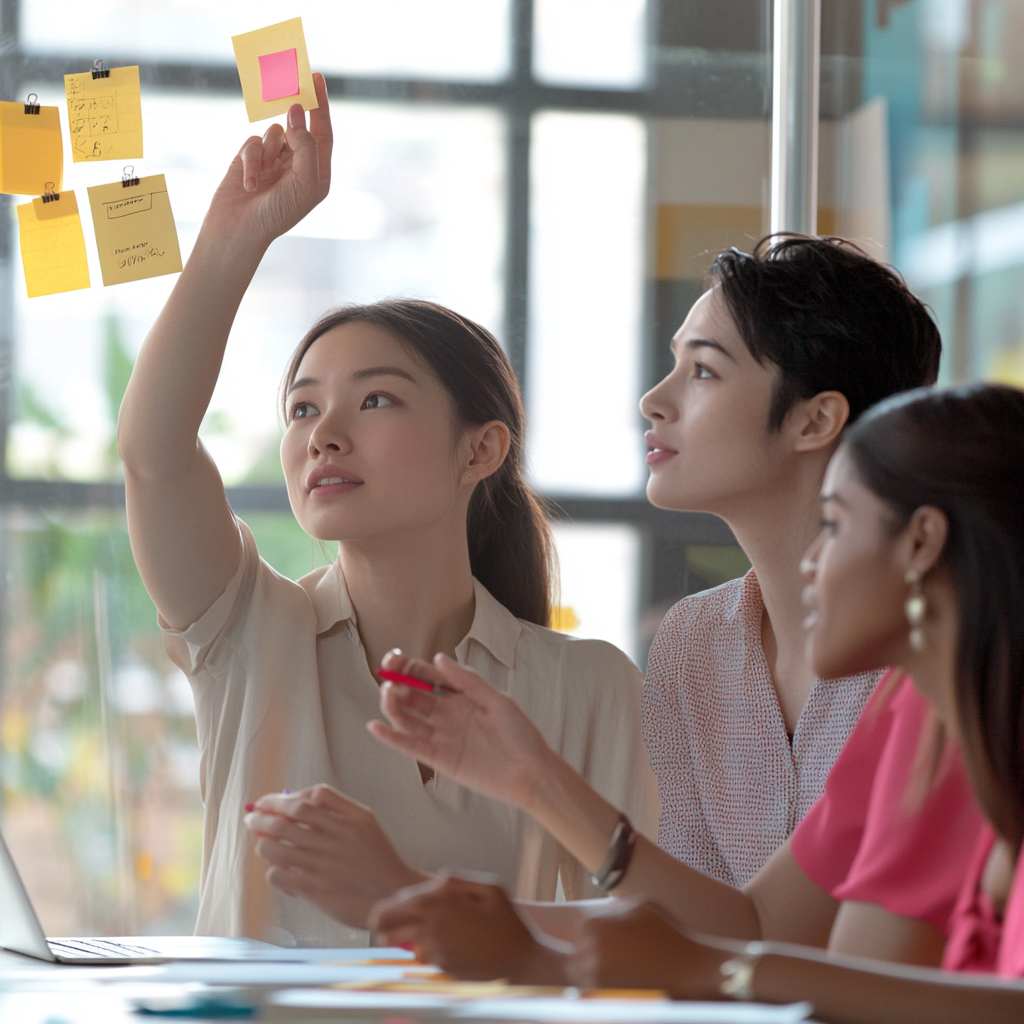 Inclusive leader fostering collaboration among a diverse team during a brainstorming session in a vibrant, open-plan office environment.