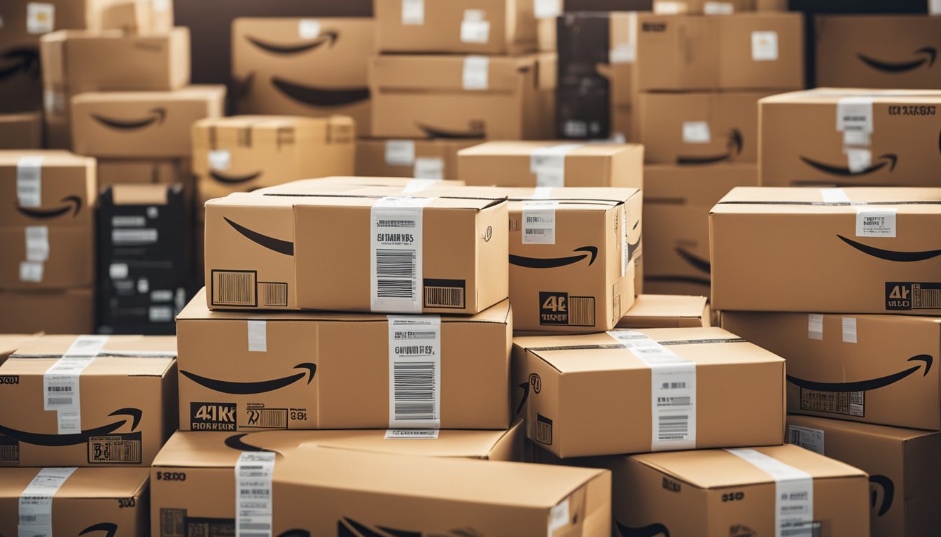 A stack of Amazon packages with varying sizes and shapes, ready for shipment