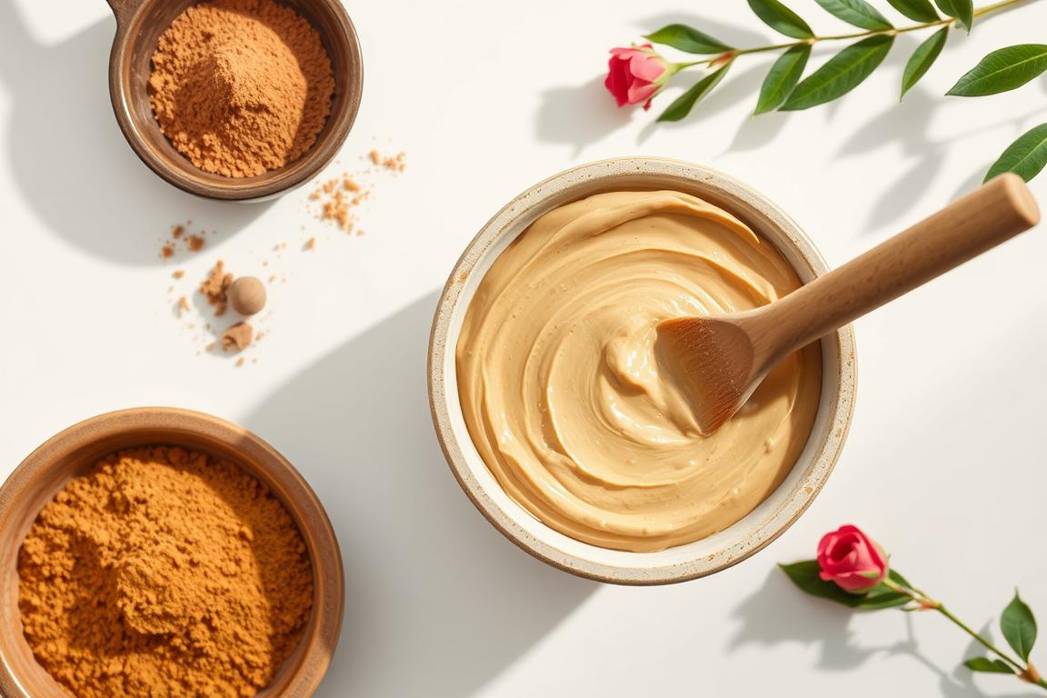 Homemade sandalwood face mask in a bowl with application brush
