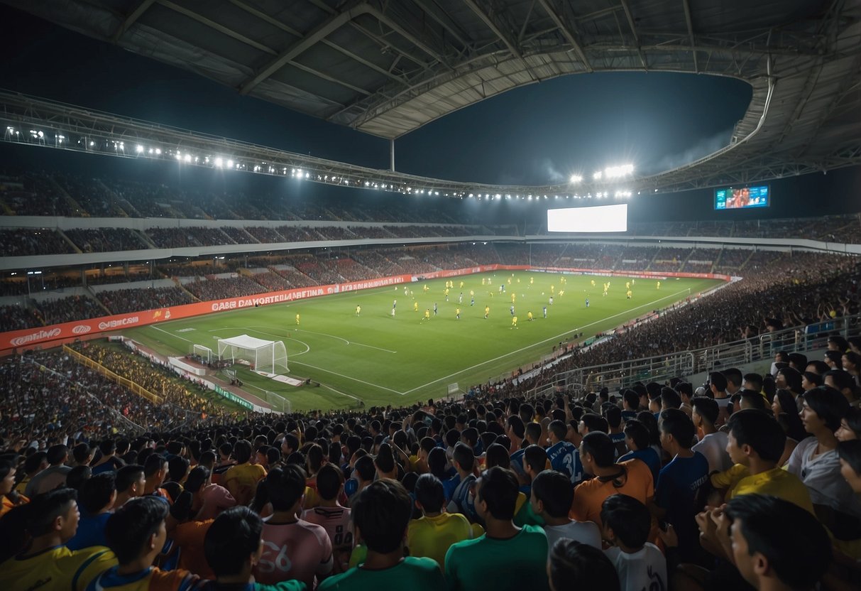 A crowded stadium of online soccer bettors in Thailand, with cheering fans and flashing screens