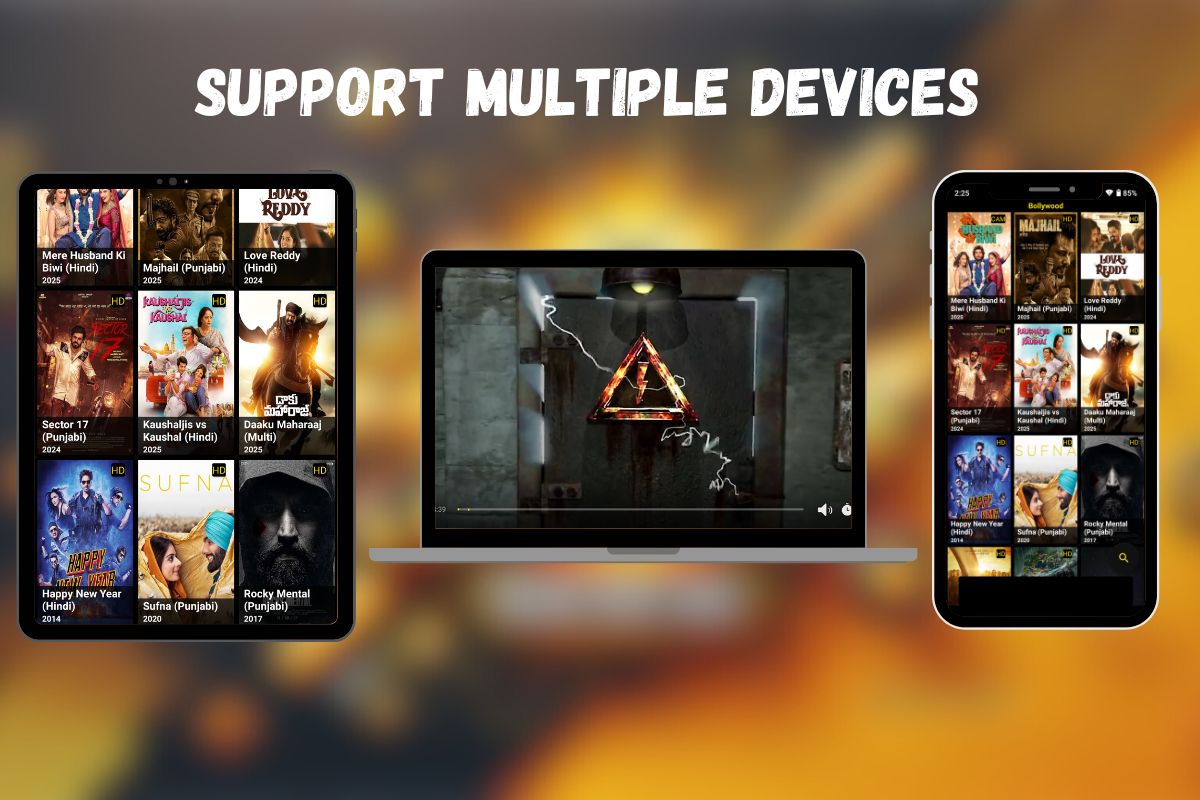 Pikashow app running on tablet, laptop, and smartphone, showcasing multi-device support.