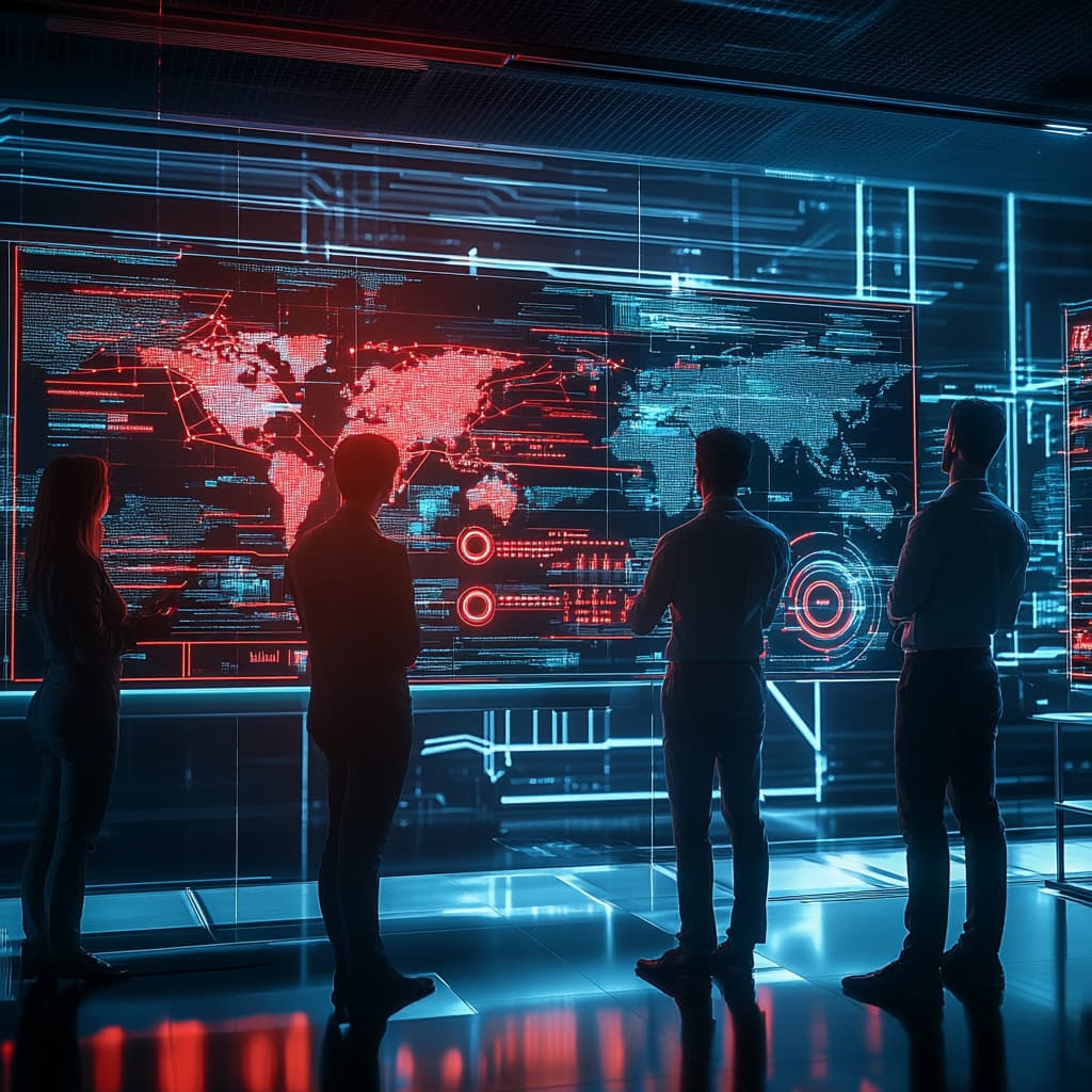 
A team of cybersecurity experts analyzing a holographic network map with 'Penetration Test in Progress' warnings. Red/blue cyber attack simulations flashing on screens. Corporate office backdrop.