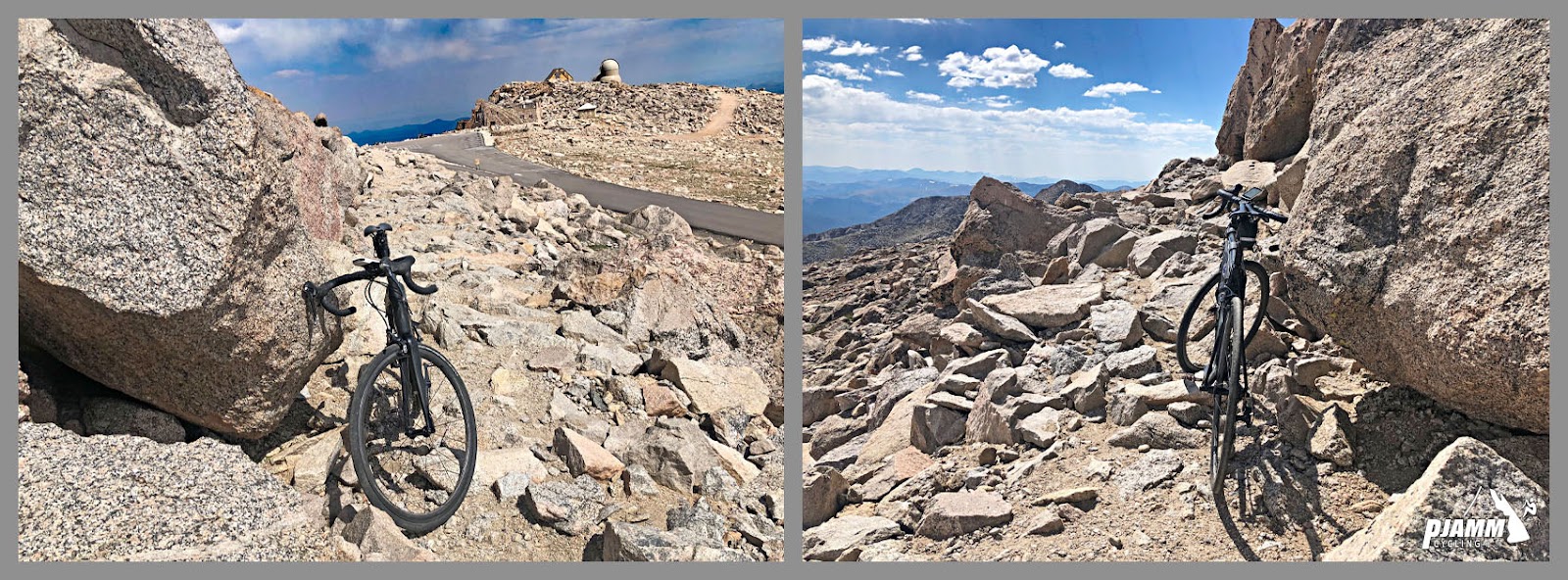 Cycling Mt. Evans, Colorado - photo collage, PJAMM Cycling logo in corner, bike parked in severely rocky portion of mountainside at climb's finish 