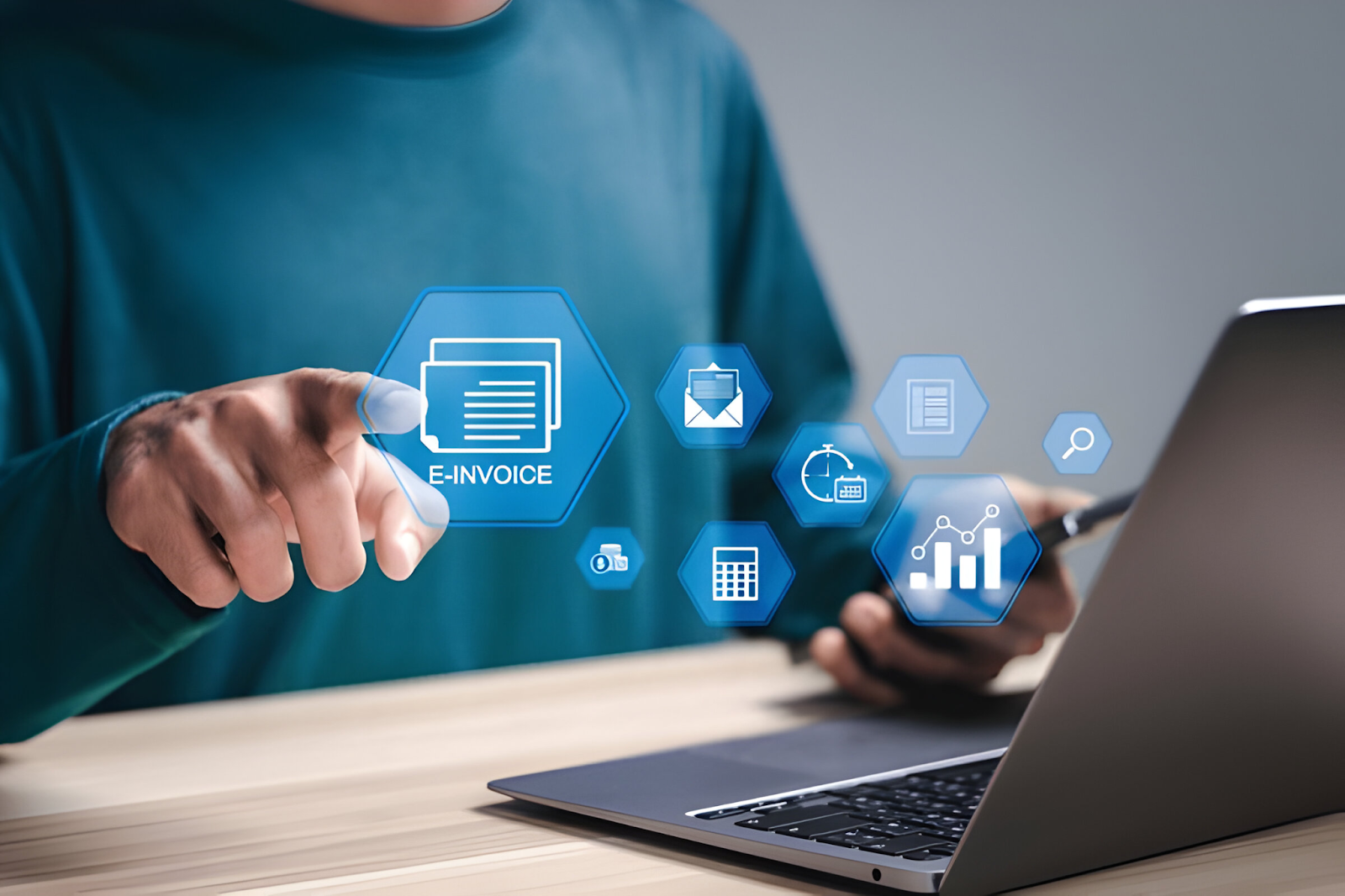 Person interacting with digital icons related to e-invoicing on a virtual interface, highlighting the concept of invoicing in accounts receivable