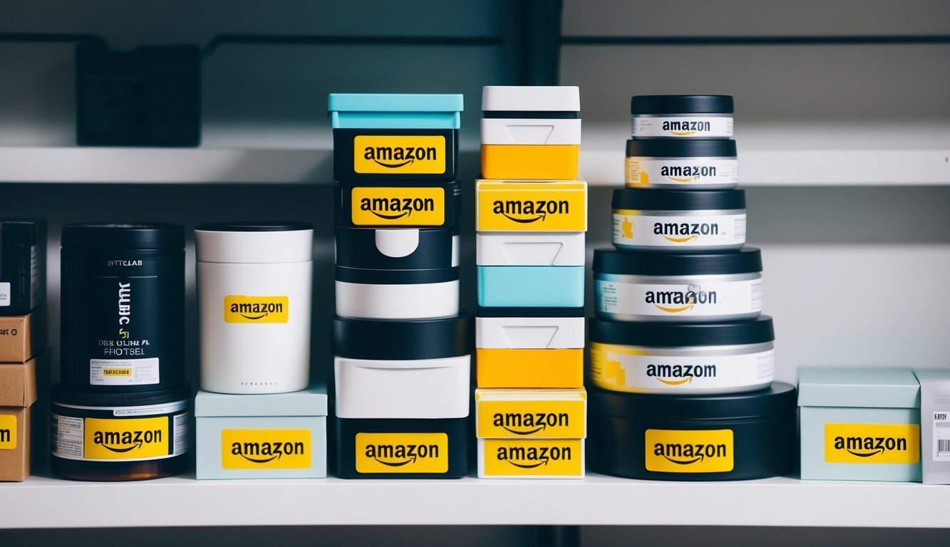 A stack of products with varying sizes and shapes, each labeled with an Amazon placement fee sticker, arranged neatly on a shelf