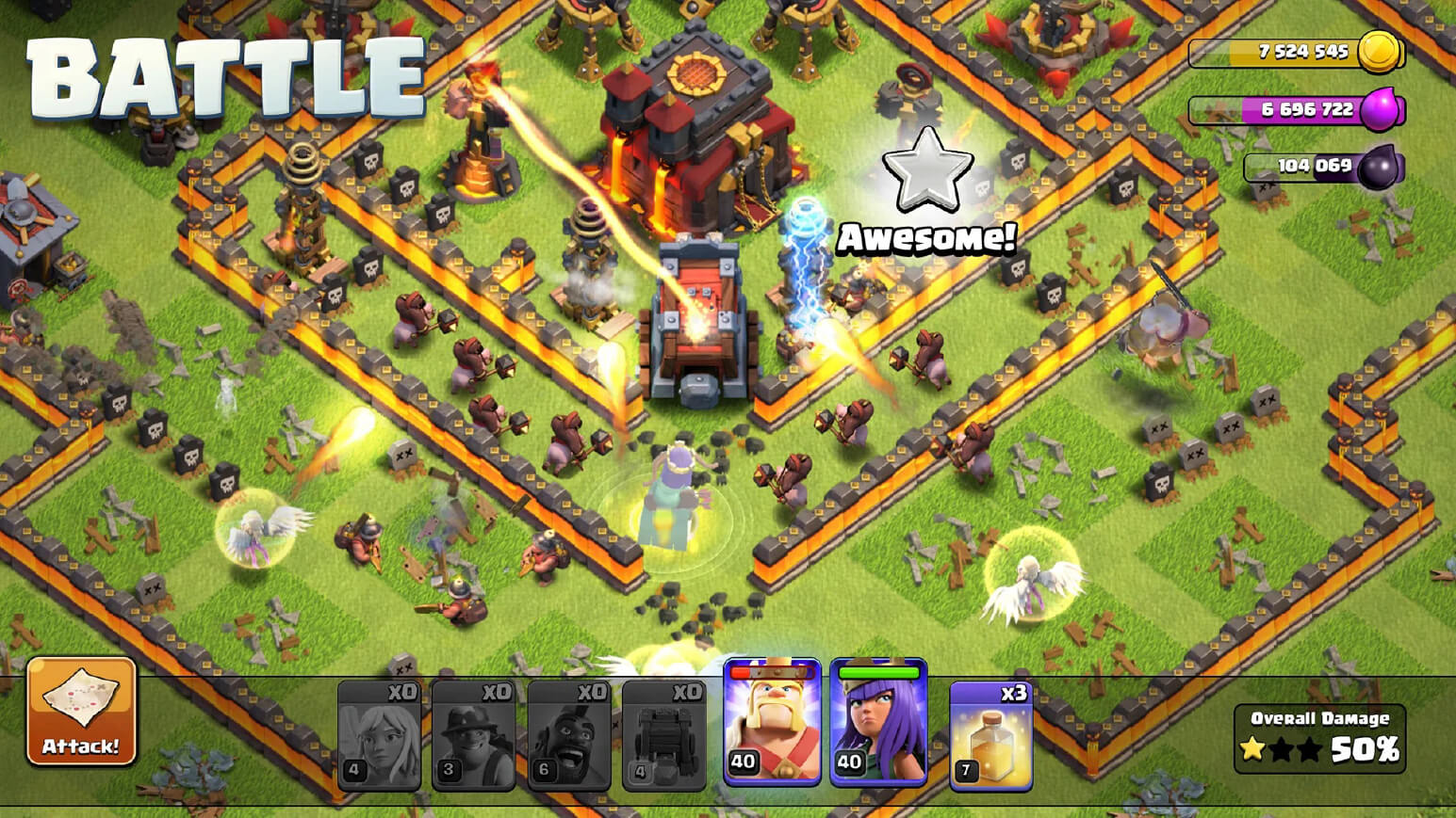 A gameplay screenshot of Clash of Clans depicting the intense battle mechanics