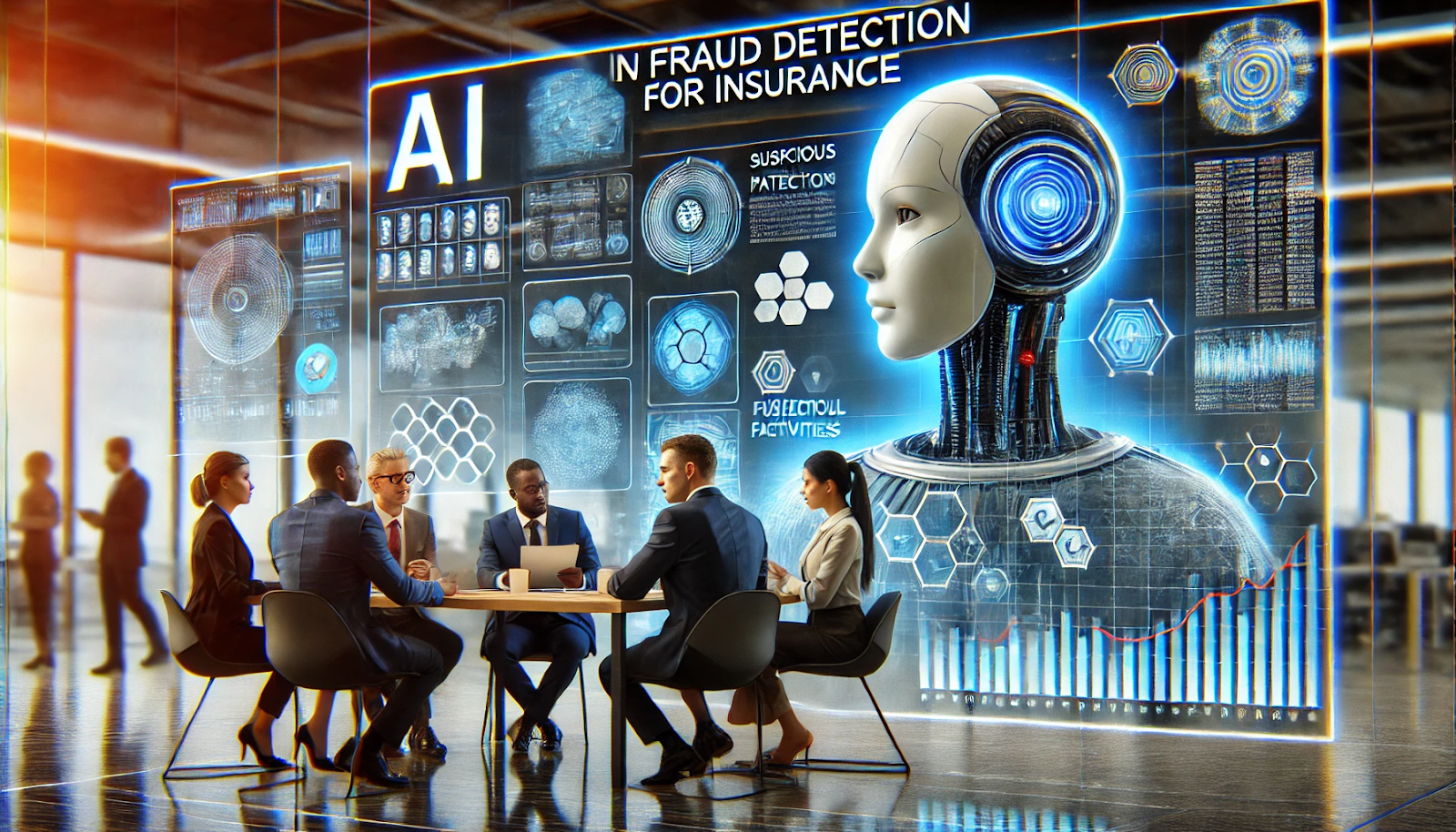An illustration of an AI system represented by a digital investigator analyzing insurance claims data on a large digital interface. The screen highlights suspicious patterns and flags potential fraudulent activities. In the foreground, a diverse team of insurance professionals, including a Black woman and a Hispanic man, are discussing the findings with an intense focus in a high-tech office environment.
