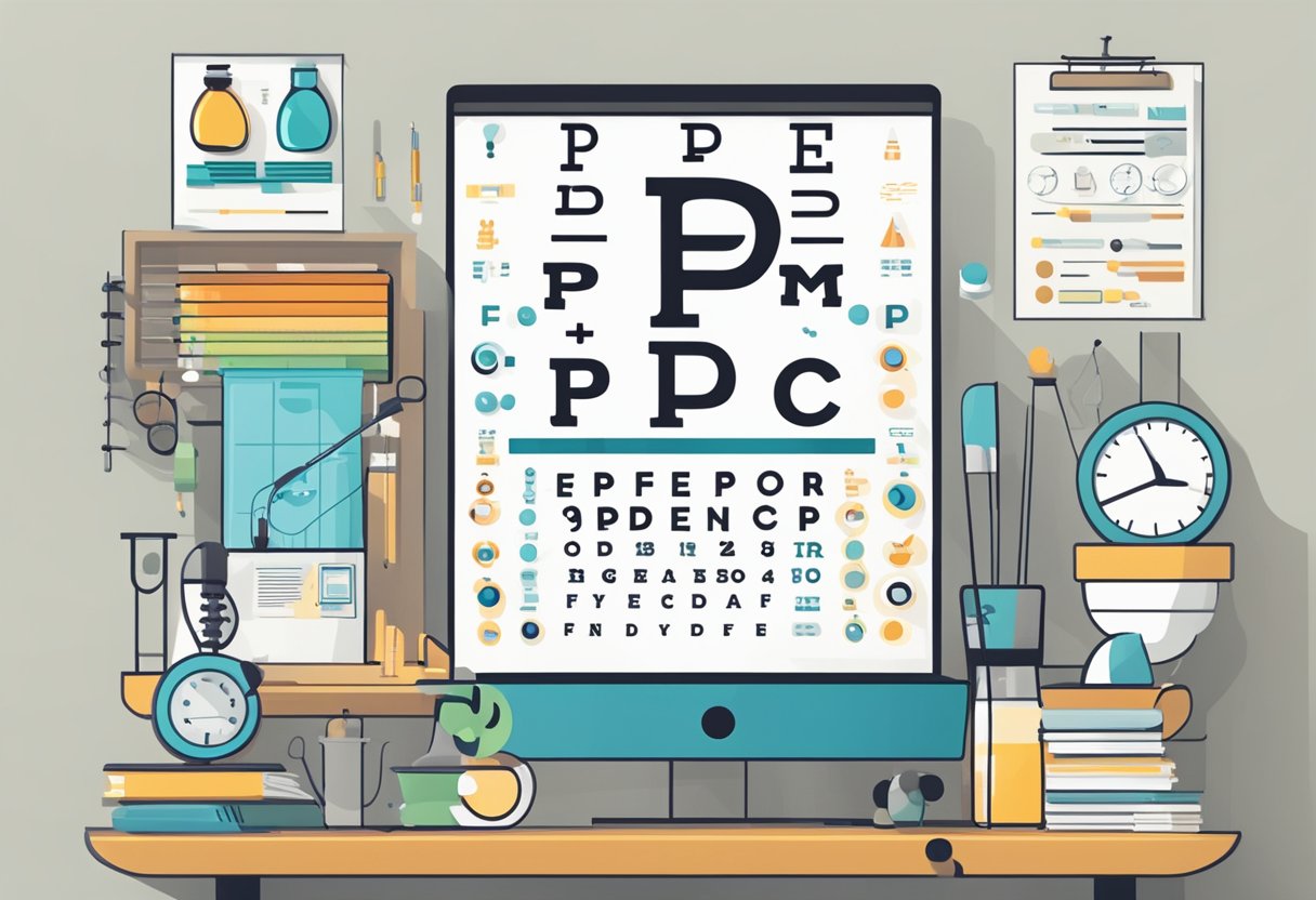 A colorful eye chart with the words "Optometry PPC Advertising Advantages and Tips" displayed prominently. Various eye care products and glasses are featured in the background