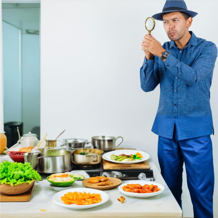 Seorang pria dengan topi berdiri di depan dapur dengan makanan di atas meja.