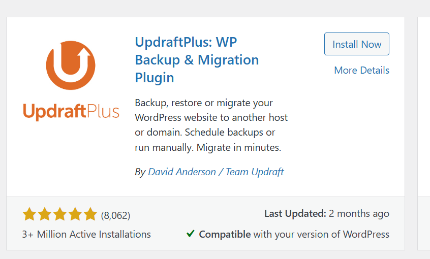 A screenshot of UpdraftPlus plugin