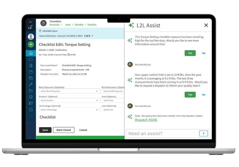 Screenshot of the L2L connected workforce platform's AI Assist feature.